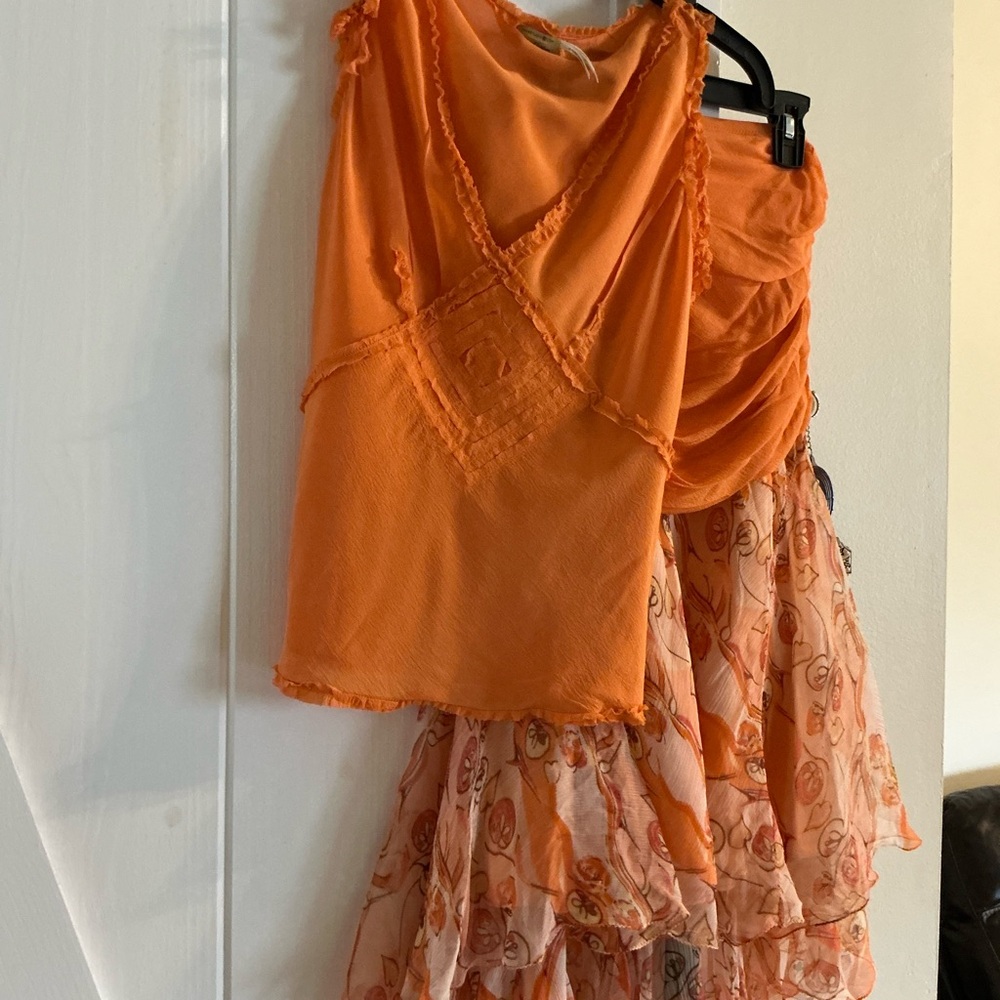 Max Studio Orange Asymmetrical Layered Skirt with Matching top